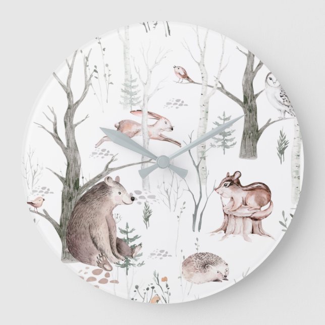 Aquarellwald Freunde Kinderzimmer Dekoration Große Wanduhr (Vorderseite)