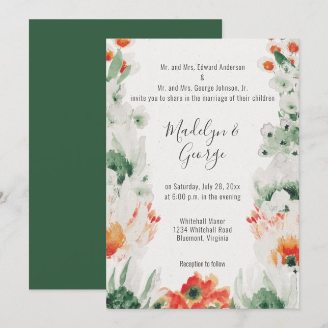 Aquarellwald grün, orange, weiße Hochzeit Einladung (Vorne/Hinten)