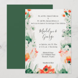 Aquarellwald grün, orange, weiße Hochzeit Einladung