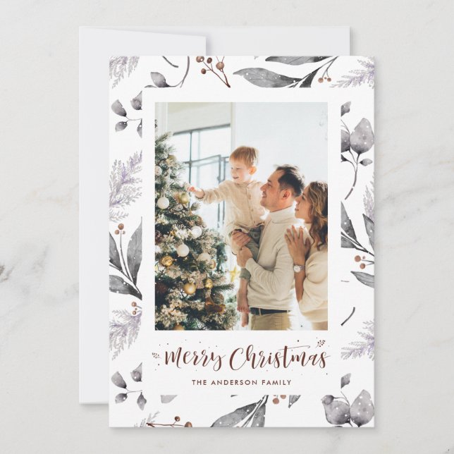Aquarellwald Grüne Foto Weihnachtskarten Feiertagskarte (Vorderseite)