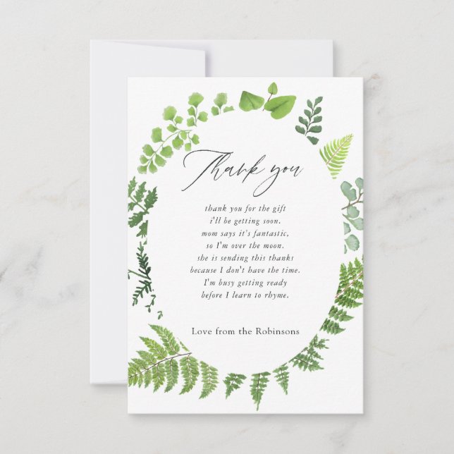 Aquarellwald Grüne Kinderdusche Dankeskarte (Vorderseite)