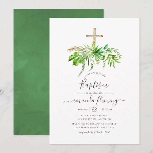 Aquarellwald Grüne Taufe Einladung (Vorne/Hinten)