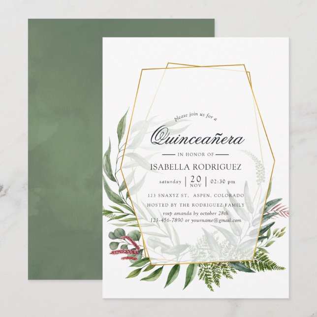 Aquarellwald Herbarium Geometrie Quinceañera Einladung (Vorne/Hinten)