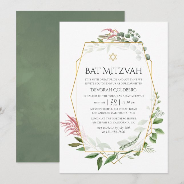 Aquarellwald Herbarium Geometrisches Bat Mitzvah Einladung (Vorne/Hinten)