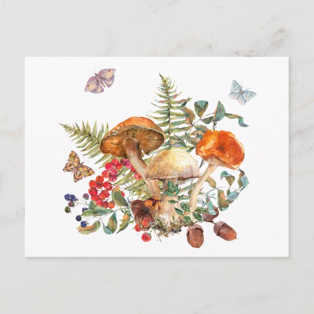Aquarellwald Pilze, Berries, Acorne Postkarte (Vorderseite)