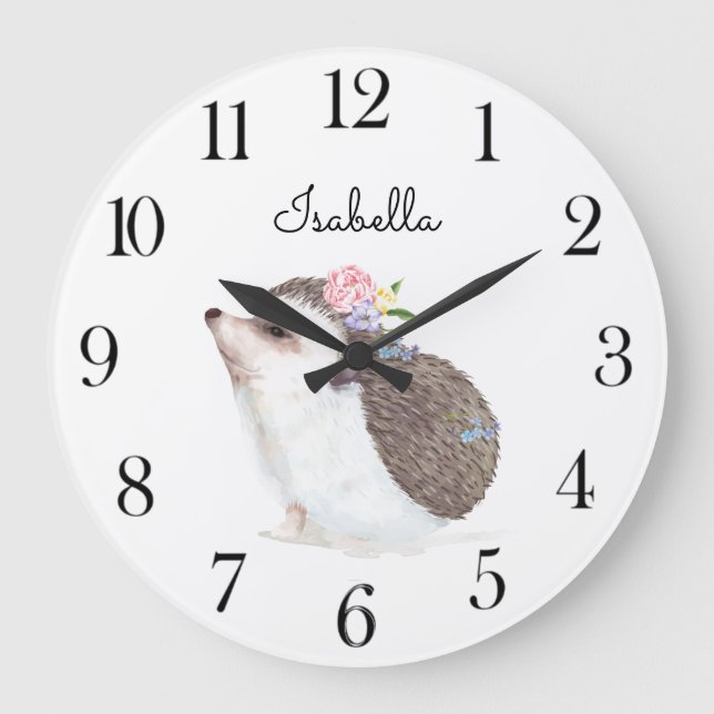 Aquarellwald Tierisches Igel Kinderzimmer Große Wanduhr (Vorderseite)