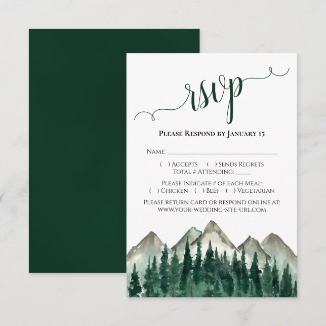 Aquarellwald und Gebirge Rustikale Hochzeit RSVP Karte (Vorne/Hinten)