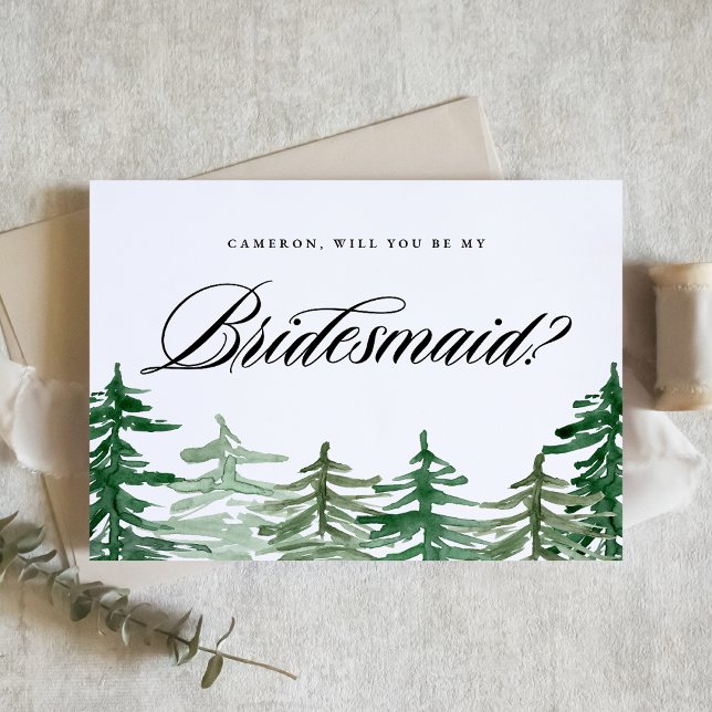 Aquarellwald wird meine Bridesmaid sein Karte (Customizable woodland Will You Be My Bridesmaid card featuring watercolor enchanted forest.)