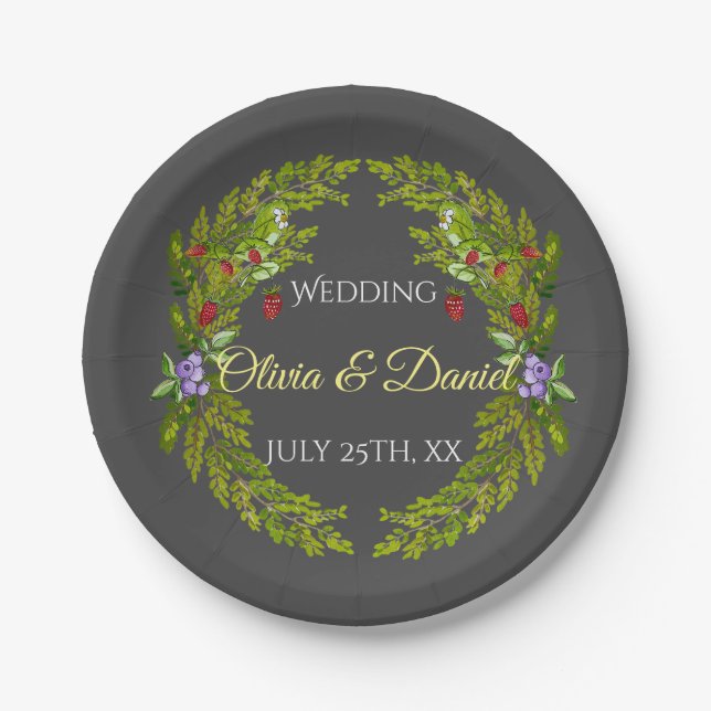 Aquarellwaldbeeren und Pilze Hochzeitskrieg Pappteller (Vorderseite)