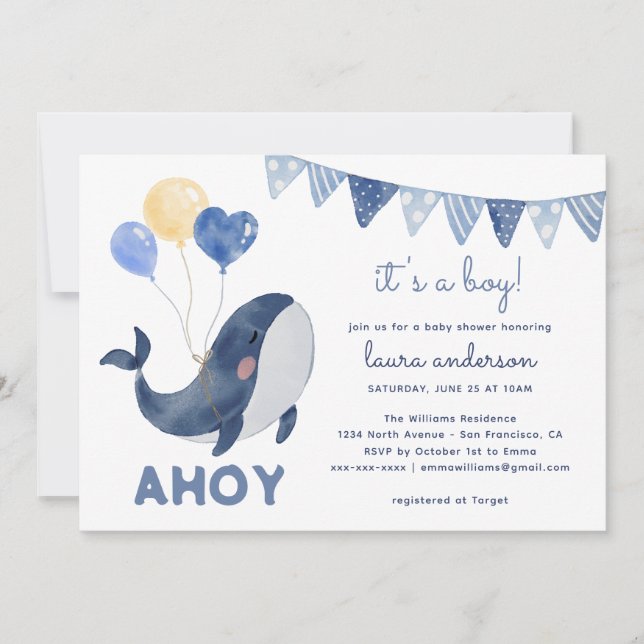 Aquarellwale Ahoy ist eine Baby-Dusche Einladung (Vorderseite)