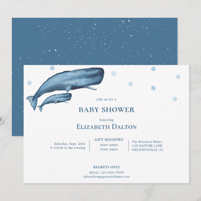 Aquarellwale Ocean Baby Dusche Einladung (Vorne/Hinten)