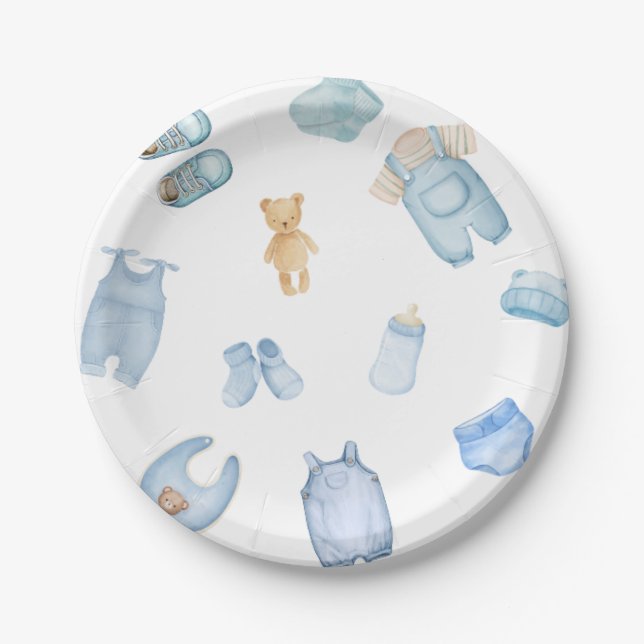 Aquarellwäsche Blue Baby Dusche Pappteller (Vorderseite)