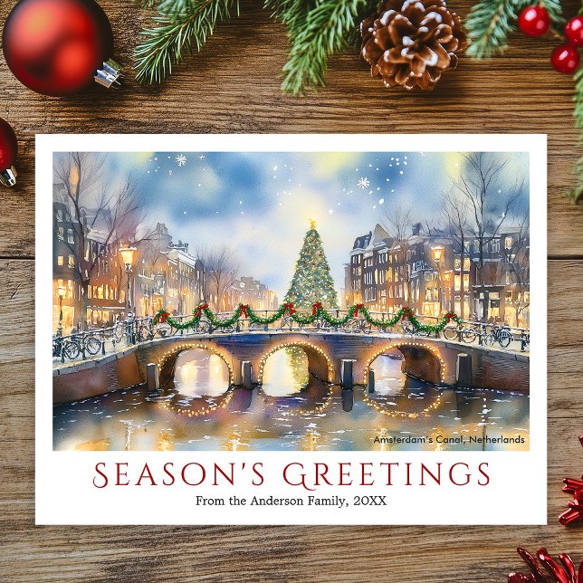 Aquarellwein Weihnachten Amsterdam Niederlande Rei (Watercolor Christmas Amsterdam Netherland Travel Holiday Postcard)