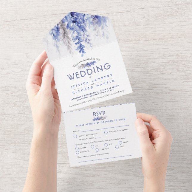 Aquarellweine dunkelblau graue Winterhochzeit UAWG All In One Einladung (Abreißen)