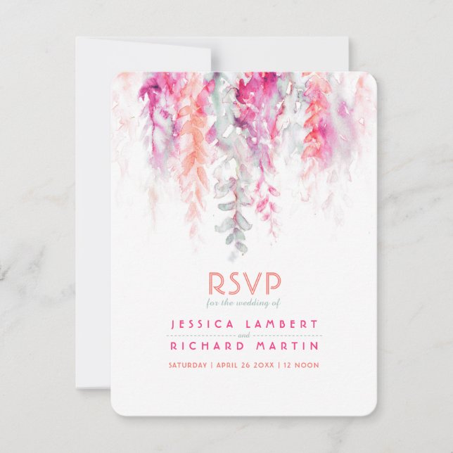 Aquarellweine Korallenorange Rosa grüne Hochzeit RSVP Karte (Vorderseite)