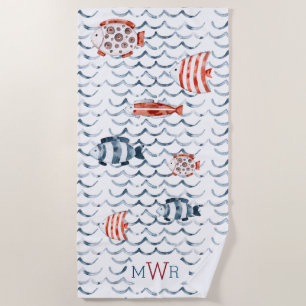 Aquarellwellen Rot und Blau Fische Triple Monogram Strandtuch