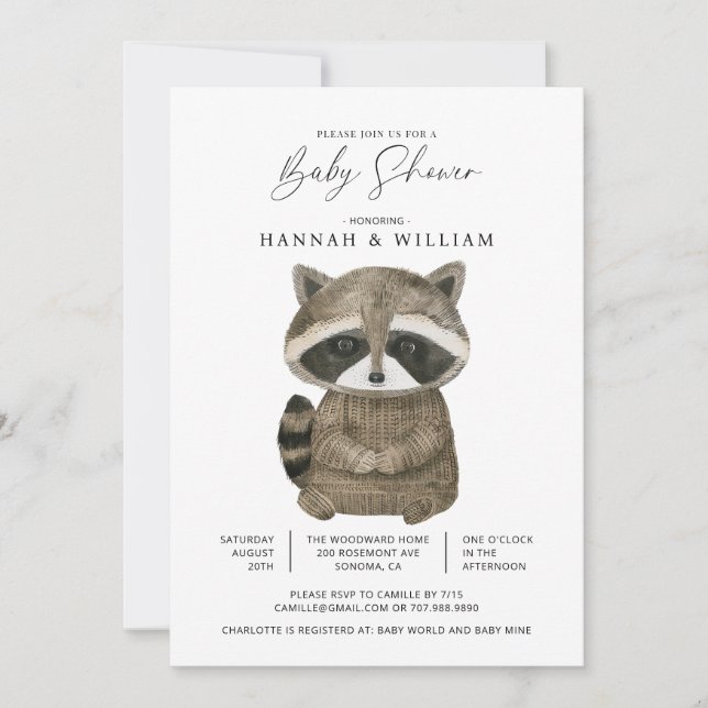 AquarellWoodland Animal Raccoon Babydusche Einladung (Vorderseite)