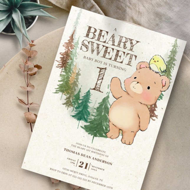 Aquarellwoodland Beary Sweet 1. Geburtstag Einladung (Von Creator hochgeladen)