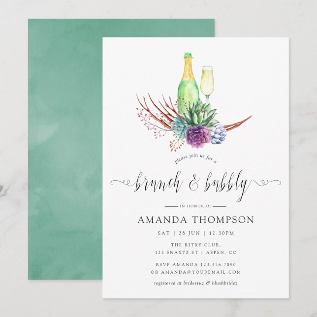 Aquarellwüstensukkulturen Brunch und Bubbly Einladung (Vorne/Hinten)