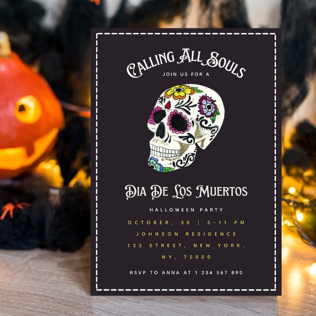 Aquarellzucker Skull Dia De Los Muertos Party Einladung (Von Creator hochgeladen)