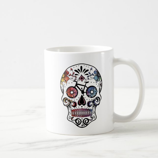 Aquarellzuckerschädel mit Fahrradteilen Kaffeetasse (Rechts)