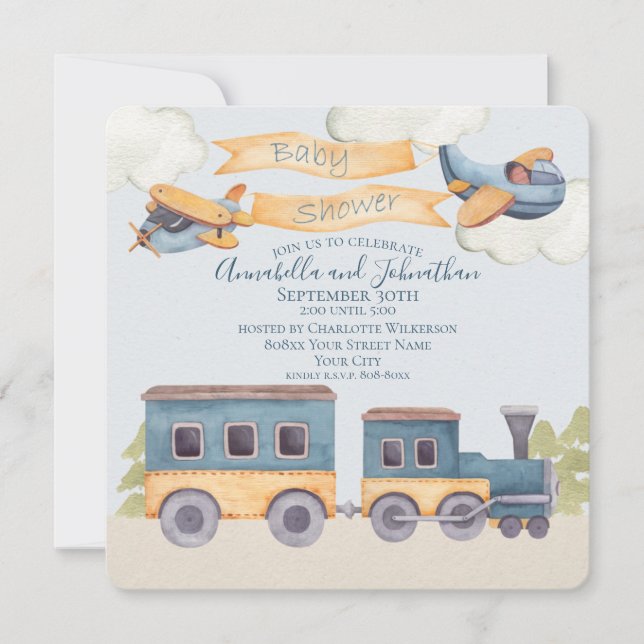 Aquarellzug und Flugzeuge Baby Boy Blue Einladung (Vorderseite)
