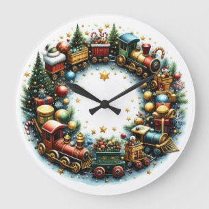 Aquarellzüge auf weiße Weihnachten Große Wanduhr