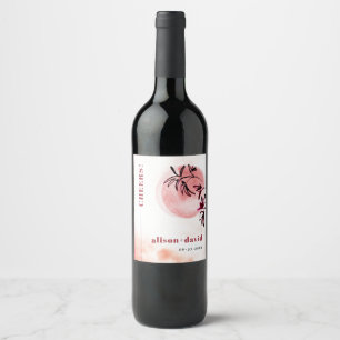Aquarellzweig und Mond Japandi CHEERS Hochzeit Weinetikett
