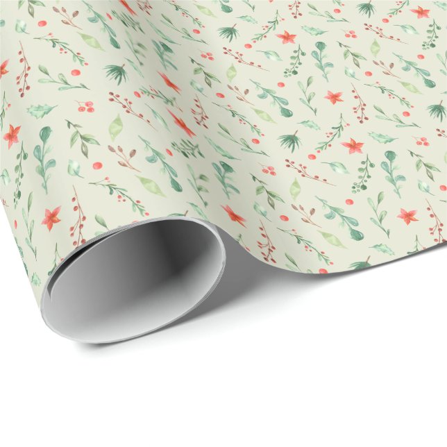 Aquarellzweige und Holly Berries Weihnachten Geschenkpapier (Rolleneckpunkt)