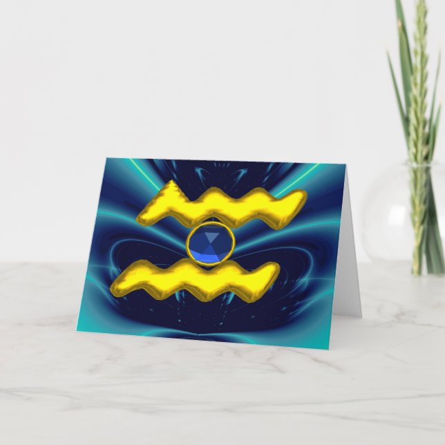 AQUARIUS Blue Sapphire & Gold Zodiac Birthday Karte (Vorderseite)