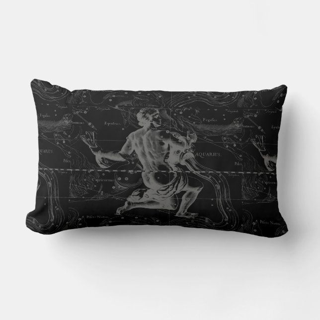 Aquarius Constellation Hevelius 1690 auf Schwarz Lendenkissen (Vorderseite)