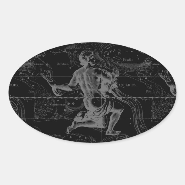 Aquarius Constellation Hevelius 1690 auf Schwarz Ovaler Aufkleber (Vorderseite)