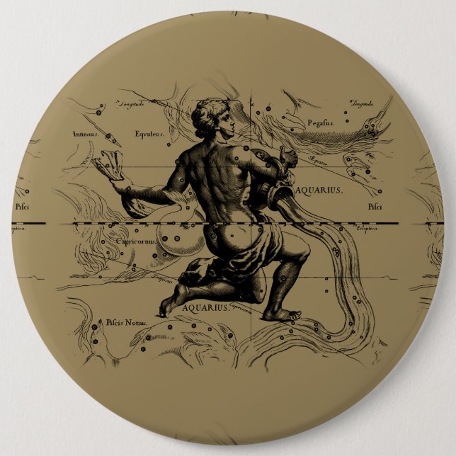 Aquarius Constellation Map Hevelius 1690 auf Taupe Button (Vorderseite)