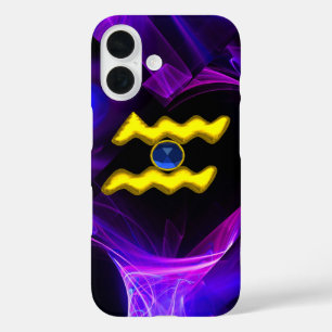 AQUARIUS GOLD ZODIAC SIGN Blaue Lila Fraktal iPhone 16 Hülle