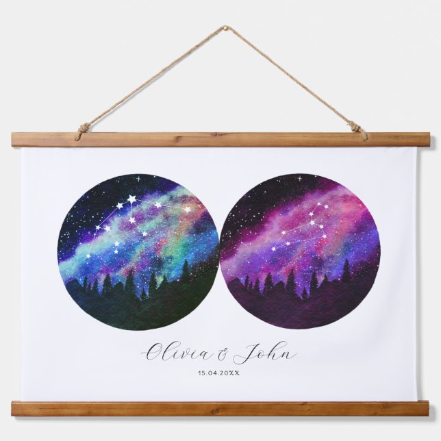 Aquarius Leo Personalisierte Paare Horoskop Wandteppich Mit Holzrahmen (Vorne)