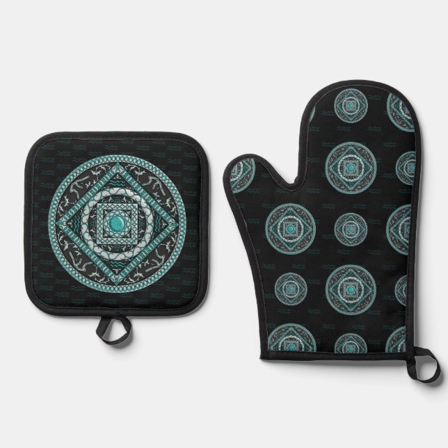 Aquarius Mandala Ofenhandschuh & Topflappen-Set (Vorderseite)