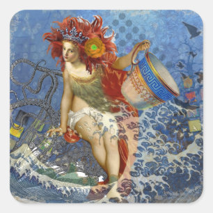 Aquarius Meerjungfrau Gothic Blaue Kunst Quadratischer Aufkleber