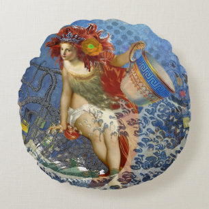 Aquarius Meerjungfrau Gothic Blaue Kunst Rundes Kissen