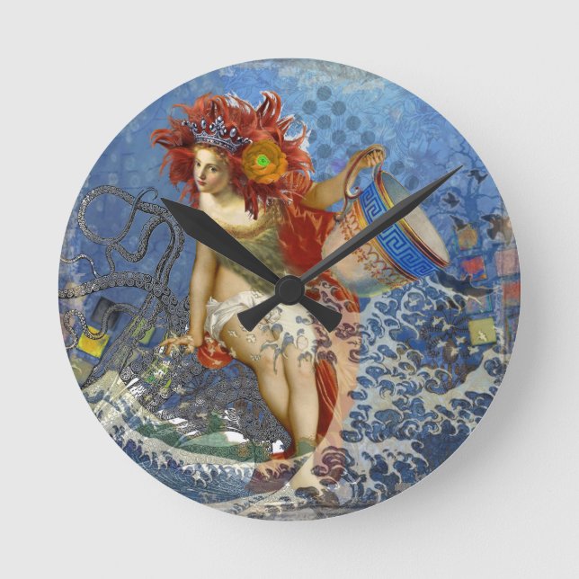Aquarius Mermaid Gothic Blue Art Runde Wanduhr (Vorderseite)