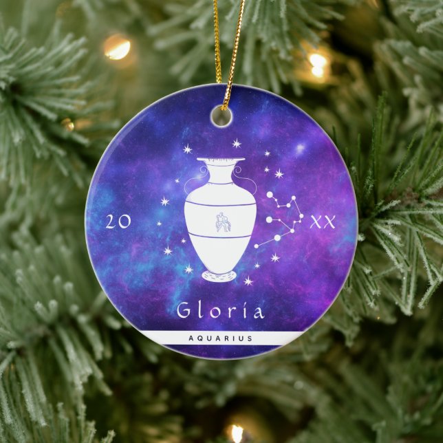 Aquarius Purple Cosmic Galaxy Zodiac Sign Name Keramik Ornament (Baum)