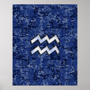 Aquarius-Sternzeichen-Symbol auf navyblauem digita Poster