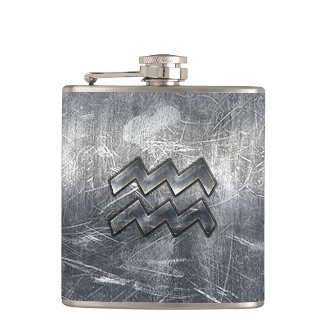 Aquarius Symbol Grunge Beändigter Silber Steel Flachmann (Vorderseite)