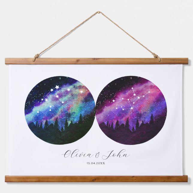 Aquarius Virgo Personalisierte Paare Horoskop Wandteppich Mit Holzrahmen (Vorne)