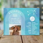 Aquarius Zodiac Astrologie Signieren Foto Geburtsd Postkarte<br><div class="desc">Personalisieren Sie diese Zodiakarte mit Foto, Geburtsdatum und Namen. Ein individuelles Geburtstagsdesign mit dem Tierkreiszeichen Aquarius - plus Persönlichkeitsmerkmalen, Information und Konstellation. Eine friedliche, beruhigende blaue Farbe, die mit Aquarius assoziiert wird, ist das Hauptdesign hinter allen Zodiac-Details. Ein tolles Geschenk für einen Freund oder einfach nur "Sie" feiern! Aquarius ist...</div>