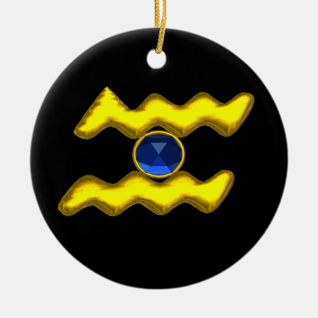AQUARIUS ZODIAC BIRTHDAY JEWEL Blue Saphire Gold Keramikornament (Vorne)
