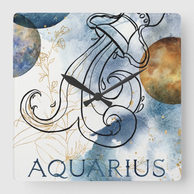Aquarius zodiac-blaue schwarze Goldplaneten Quadratische Wanduhr (Vorderseite)