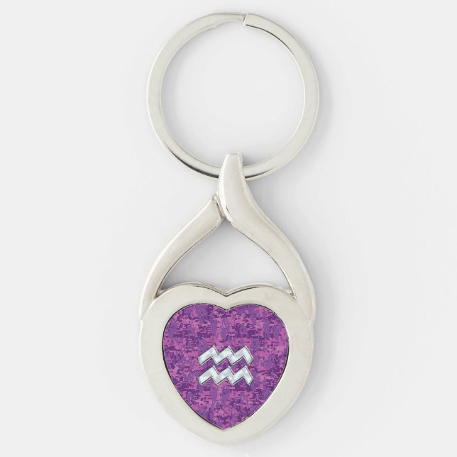 Aquarius Zodiac Sign auf Fuchsia digitale Tarnung Schlüsselanhänger (Vorderseite)