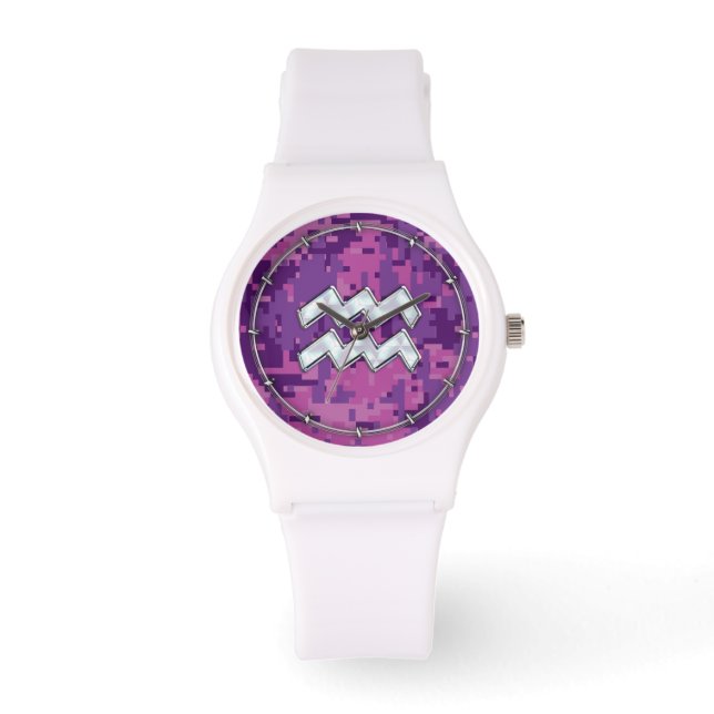 Aquarius Zodiac Sign auf Pink Digital Camouflage Armbanduhr (Vorderseite)