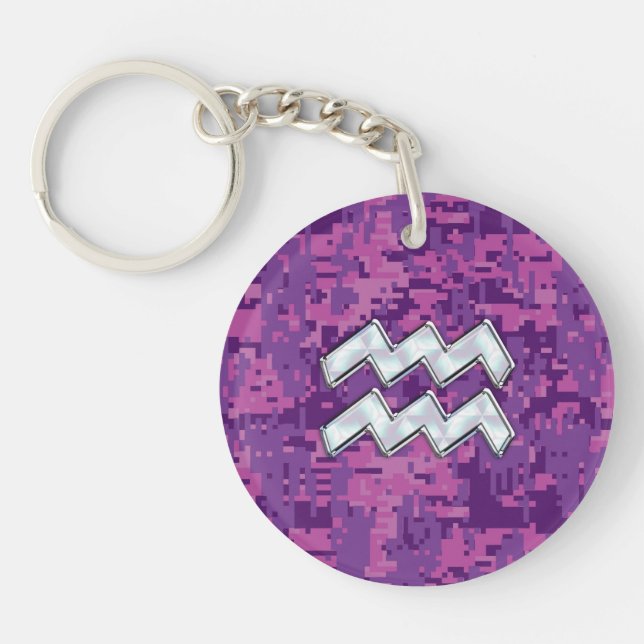 Aquarius Zodiac Sign auf Pink Digital Camouflage Schlüsselanhänger (Vorderseite)