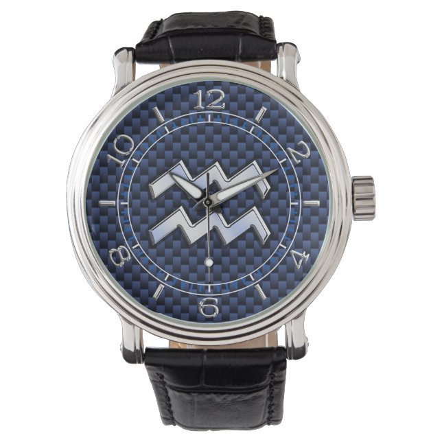 Aquarius Zodiac Sign auf Royal Blue Carbon Dial Armbanduhr (Vorderseite)